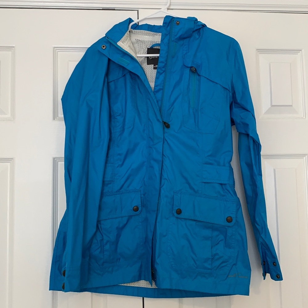 Eddie Bauer Fitted Belted Blue Rain Jacket